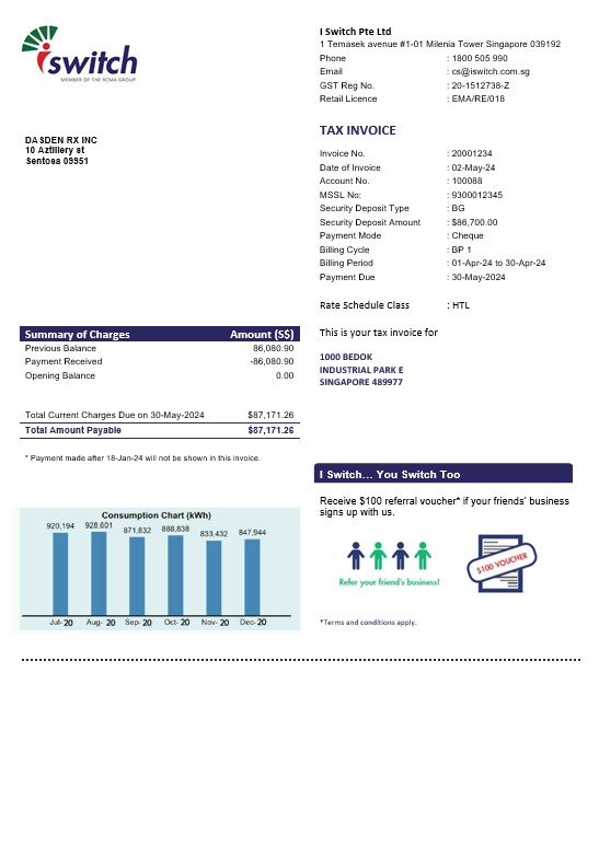 Singapore I Switch electricity business utility bill template in Word and PDF formats
